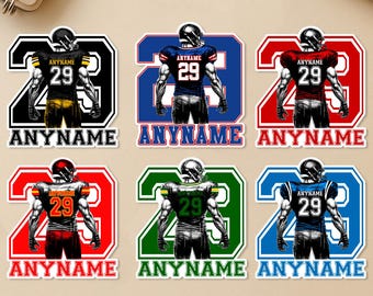 May include: Six football stickers showcasing a player's back, the number 29, and the word "ANYNAME." Each sticker has a different colour scheme: black, blue, red, orange, green, and blue. The text "All 32 NFL Teams Available" is at the bottom of the image.