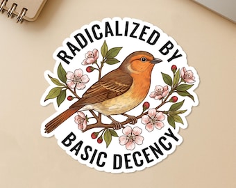 Radicalized By Basic Decency Sticker, Social Justice Democracy Liberal Equality Political Waterproof Sticker for Gift Laptop Water Bottle