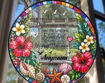 Personalized Teacher Happy Retirement Stained Glass Suncatcher, Custom Thank You Teacher Appreciation Window Hanging Gift Teacher
