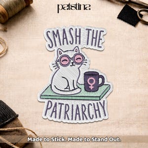 Smash The Patriarchy Patch, Funny Feminist Cat Badge, Activist Equality Gift, Cute Protest Humor Embroidered Patch for Jacket Gift Backpack