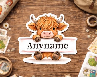 Custom Highland Cow Name Sticker, Personalized Cute Highland Cow Farmhouse Animal Lover Sticker for Kindle Water Bottle Laptop Gift