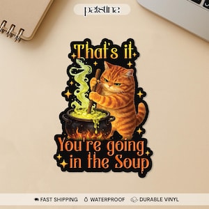 May include: A sticker featuring an orange tabby cat stirring a bubbling cauldron with a wooden spoon. The text reads "That's it" and "You're going in the Soup" in orange and yellow. Black background with yellow stars.