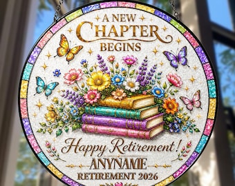 Custom Retired Teacher Book Stained Glass Suncatcher, Personalized Retirement Teacher Appreciation Coach, Teacher Retirement Decor