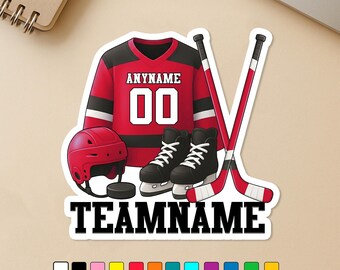 May include: A sticker featuring hockey equipment: a red and black jersey with "ANYNAME" and the number "00", a red helmet, black skates, a puck, and two hockey sticks. The sticker also includes the text "TEAMNAME".