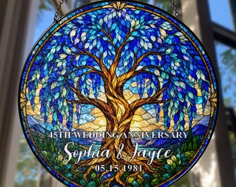 Personalized Tree of Life Stained Glass Suncatcher, Custom 45th Sapphire Wedding Anniversary Gift with Names and Date Decor Gift