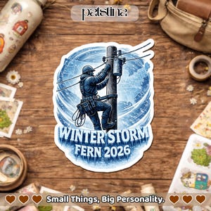 May include: A sticker depicting a lineman working on a utility pole in a winter storm scene. The design is predominantly blue and white, with the text "WINTER STORM FERN 2026". The sticker has a white border.