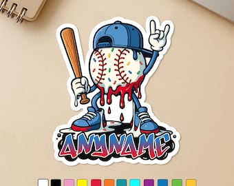 Custom Baseball Ice Cream Drip Sticker, Personalized Baseball Softball Dripping Name Number Stickers Gift Die Cut for Water Bottle, Tumbler