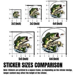May include: A comparison of sticker sizes featuring a green bass fish design with the text "ANYNAME" on a banner. Sizes range from 2x2 inches to 6x6 inches, with a fishing rod and lure above the fish. The text "STICKER SIZES COMPARISON" is at the bottom.