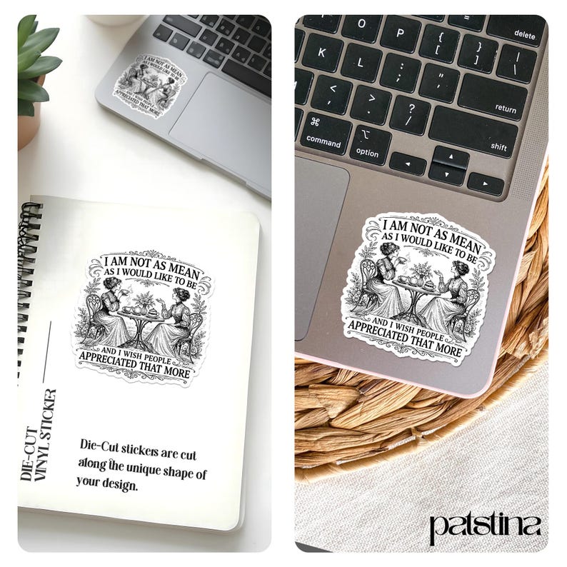 Puede incluir: Una pegatina de vinilo troquelada con el texto "I AM NOT AS MEAN AS I WOULD LIKE TO BE AND I WISH PEOPLE APPRECIATED THAT MORE." La pegatina presenta una ilustraci&oacute;n vintage de dos mujeres en una mesa. La pegatina est&aacute; en un port&aacute;til y un cuaderno.