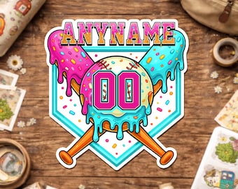 Personalized Baseball Ice Cream Drip Sticker, Custom Baseball Sports Drip Name Number Waterproof Sticker for Water Bottle Laptop Gift