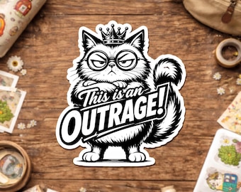 This Is An Outrage Cat Sticker, Funny Grumpy Cat Decal, Fantasy Reader Gift, Book Lover Sticker, Bookish Humor Accessory Sticker For Laptop