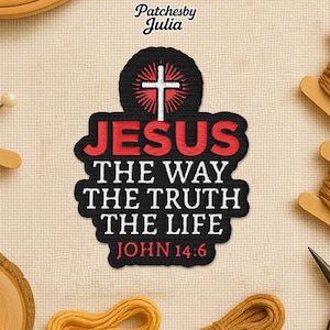 May include: Embroidered patch with the words "JESUS THE WAY THE TRUTH THE LIFE JOHN 14:6" in red and white on a black background. The patch features a white cross with a red outline and rays of light.