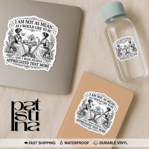 Puede incluir: Una pegatina, una botella de agua y un cuaderno con una ilustraci&oacute;n de estilo vintage de dos mujeres en una mesa, con el texto "I AM NOT AS MEAN AS I WOULD LIKE TO BE AND I WISH PEOPLE APPRECIATED THAT MORE". La botella de agua tiene una tapa azul claro.