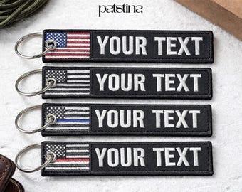 Custom American Flag Embroidered Keychain, Personalized Name Key Tag, Thin Line Flag Keychain, Military Tactical Gift