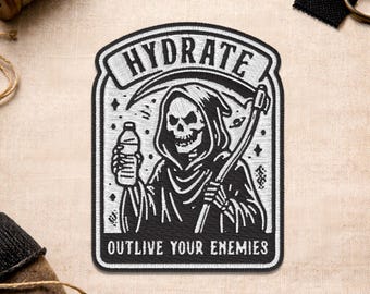 Hydrate Outlive Your Enemies Patch, Edgy Gothic Skeleton Funny Dark Humor Embroidery Patch for Jacket Clothes Backpack Helmet Gift