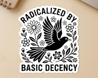 Radicalized By Basic Decency Sticker, Liberal Protest Political Feminist Social Justice Stickers Die Cut for Water Bottle, Laptop, Tumbler
