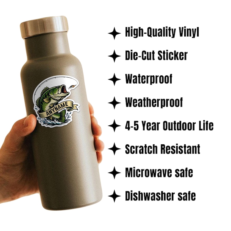 May include: A green insulated water bottle with a sticker featuring a fish jumping out of the water. The sticker has the text "ANYNAME". The bottle is held by a hand. The image also includes text: High-Quality Vinyl, Die-Cut Sticker, Waterproof, Weatherproof, 4-5 Year Outdoor Life, Scratch Resistant, Microwave safe, Dishwasher safe.