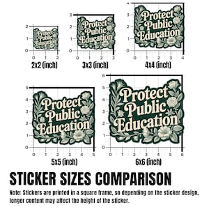 Peut inclure: Comparaison de tailles d'autocollants, de 5 cm x 5 cm &agrave; 15 cm x 15 cm. Chaque autocollant porte le texte "Protect Public Education" dans une police stylis&eacute;e, entour&eacute; de motifs floraux et de feuilles. Les autocollants sont vert fonc&eacute; avec du texte et des accents cr&egrave;me.