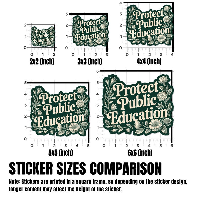 Peut inclure: Comparaison de tailles d'autocollants, de 5 cm x 5 cm &agrave; 15 cm x 15 cm. Chaque autocollant porte le texte "Protect Public Education" dans une police stylis&eacute;e, entour&eacute; de motifs floraux et de feuilles. Les autocollants sont vert fonc&eacute; avec du texte et des accents cr&egrave;me.
