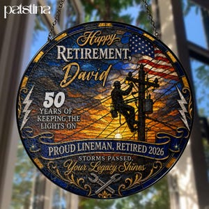 Custom Lineman Retirement Stained Glass Suncatcher, Personalized Electrical Lineworker Gift with Name Year Service Keepsake Decor