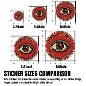 May include: A comparison of round stickers with the text "MAKE ORWELL FICTION AGAIN" and an eye graphic. Sizes range from 2x2 inches to 6x6 inches. The stickers are red with cream and black details.