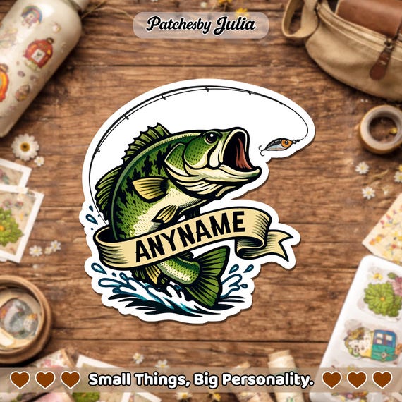 Custom Fishing Name Sticker, Personalized Bass Fish Lover Fisherman Outdoor Sport Sticker for Water Bottle, Laptop, Gift, Phone, Notebook