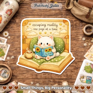 May include: A sticker featuring a white cat reading a book with sunflower illustrations, titled "My Book." The cat is seated on a pillow, with a cup of coffee nearby. The sticker has the text "escaping reality one page at a time."