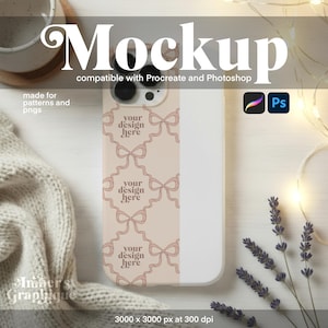 May include: A phone case mockup with a bow pattern in a soft pink hue. The case has the text "your design here" and is compatible with Procreate and Photoshop. The image includes the text "Mockup" and "Amber's Graphique".