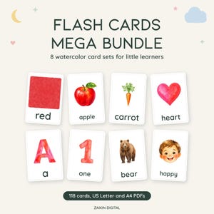 May include: A digital flash cards mega bundle featuring 8 watercolour card sets for little learners. The cards display illustrations of a red square, apple, carrot, heart, letter A, number 1, bear, and a happy face with text labels.