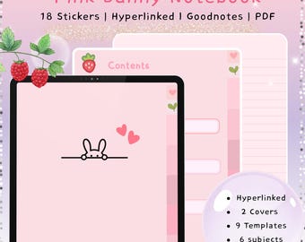 Pink Bunny Digital Notebook, Pastel, Aesthetic notebook, Cute Digital Planner, Pink Aesthetic, Kawaii Digital Notebook, Digital Sticker