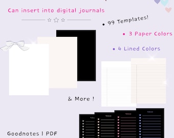 Op de afbeelding: Een digitaal notitiepapierpakket met de tekst "Ultimate Note Paper Pack". De afbeelding toont verschillende papiersjablonen, waaronder gelinieerde en blanco pagina's, in verschillende kleuren. Het pakket bevat 99 sjablonen, 3 papierkleuren en 4 gelinieerde kleuren. De tekst "Digital & Printable" is ook zichtbaar.
