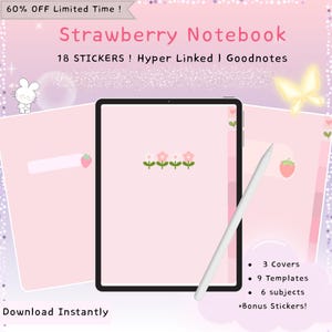 Kawaii Strawberry Digital Journal | Strawberry Notebook for GoodNotes, Cozy Aesthetic Journal PDF, Notebook for ipad tablets | & Stickers