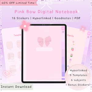 Pastellrosa digitales Notizbuch, rosa Schleife, rosa digitaler Planer, Ästhetik, Kawaii digitales Notizbuch, digitaler Aufkleber, süßes digitales Journal