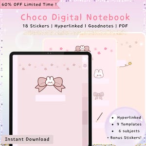 Puede incluir: Un cuaderno digital rosa con un diseño de lazo de conejito. La imagen incluye el texto "Choco Digital Notebook", "18 pegatinas" y "Descarga instantánea". Incluye hipervínculos, 9 plantillas, 6 temas y pegatinas de bonificación.