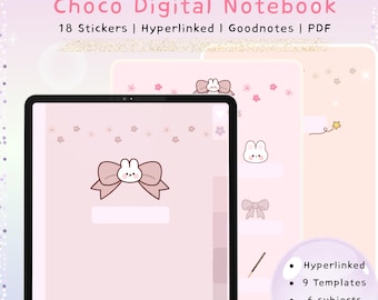 Kawaii Bunny Digital Journal | Cute Chocolate Bow Notebook for GoodNotes, Cozy Aesthetic Journal PDF, Notebook for ipad tablets | & Stickers
