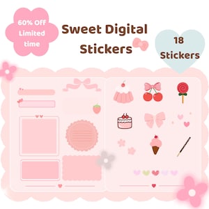 Könnte beinhalten: Ein digitales Sticker-Set mit rosa Thema. Das Bild zeigt den Text "Sweet Digital Stickers" und "18 Stickers". Die Aufkleber umfassen Schleifen, Kirschen, einen Kuchen, einen Lolli und ein Eis. Es gibt auch Text, der "60% Off Limited time" sagt.