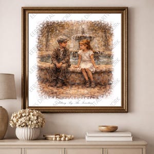 Sitting By The Fountain - Nostalgic Childhood Scene - Vintage Impressionistic Art - (Digital Download)