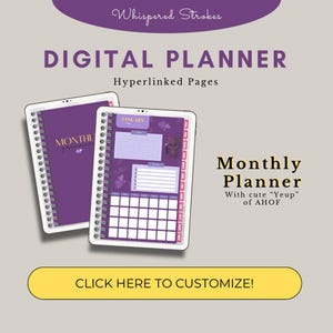 以下が含まれることがあります： 紫色の表紙とスパイラルバインディングのデジタルプランナー。プランナーは、ハイパーリンクされたページを備えた月間カレンダーレイアウトを備えています。「DIGITAL PLANNER」、「Monthly Planner」、「CLICK HERE TO CUSTOMIZE!」というテキストが含まれています。