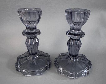 Set of 2 Blue Grey translucent Glass tabletop taper candle holder