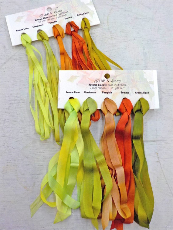 Autumn Blaze ribbon set...Gibb & Hiney, hand-dyed silk ribbon, 5 colors, 2 widths