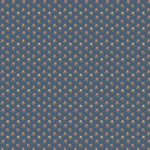 May include: A blue fabric with a repeating pattern of small, stylized flowers. The flowers are in shades of pink, cream, and green, creating a delicate and vintage aesthetic. The background is a solid, muted blue.