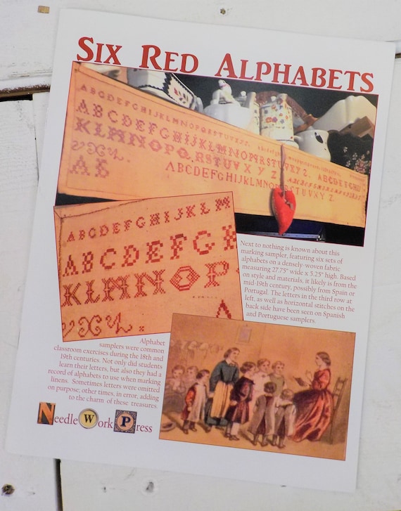 Six Red Alphabets designed by Needle WorkPress, red sampler, 2 color, red and cream needlework