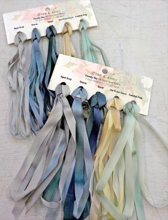 Cloudy Sky ribbon set...Gibb & Hiney, hand-dyed silk ribbon, 5 colors, 2 widths