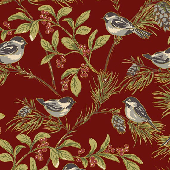 Christmas at Home...16715M-19 Chickadees...Dark Red...April Cornell...Benartex