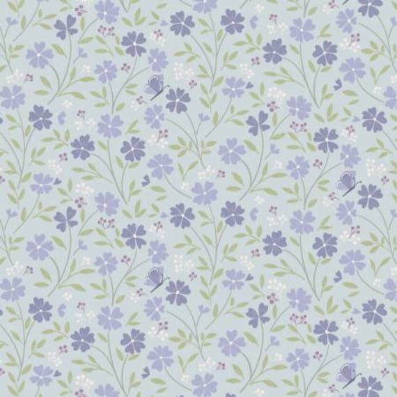 Floral Song Little Blossom on Duck Egg Blue CC33-2 designed by Cassandra Connolly for Lewis & Irene