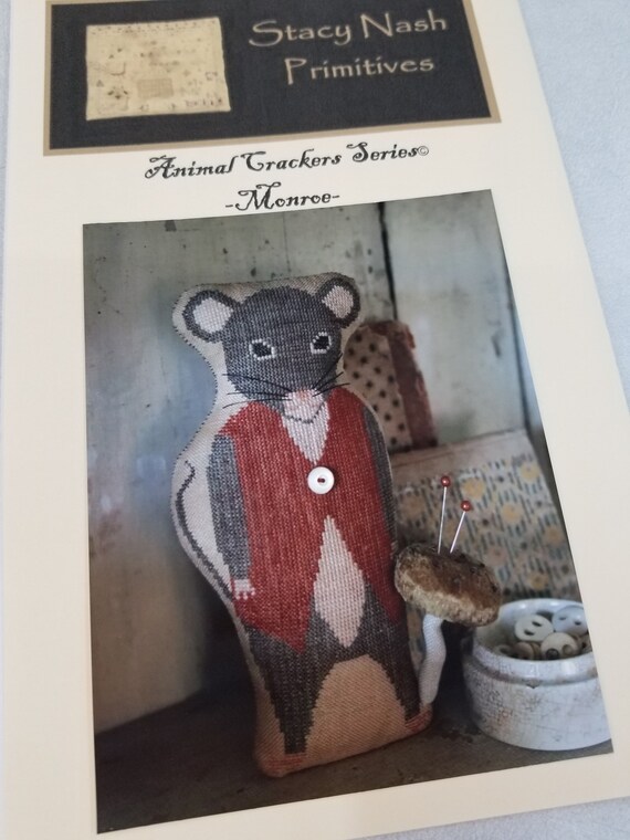 Monroe, Animal Crackers Series by Stacy Nash Primitives...cross stitch chart, mouse
