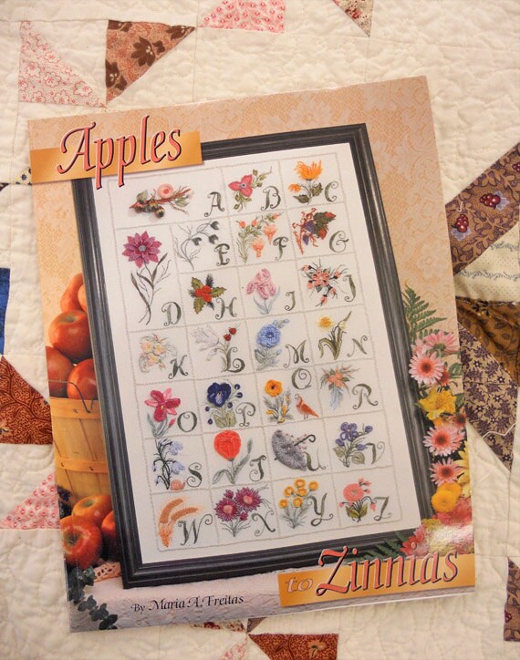 Apples to Zinnias, Brazilian Embroidery book, and pre-printed fabric by Maria A. Freitas