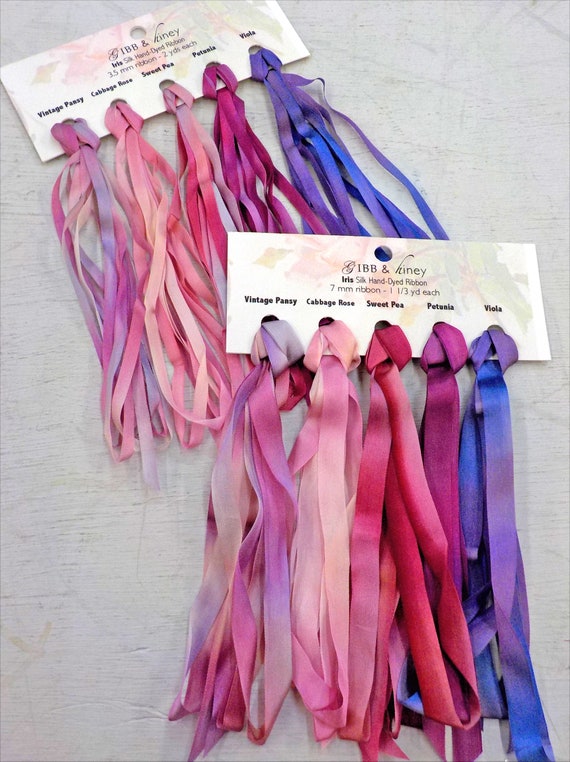 Iris ribbon set...Gibb & Hiney, hand-dyed silk ribbon, 5 colors, 2 widths