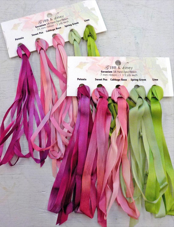 Geranium ribbon set...Gibb & Hiney, hand-dyed silk ribbon, 5 colors, 2 widths