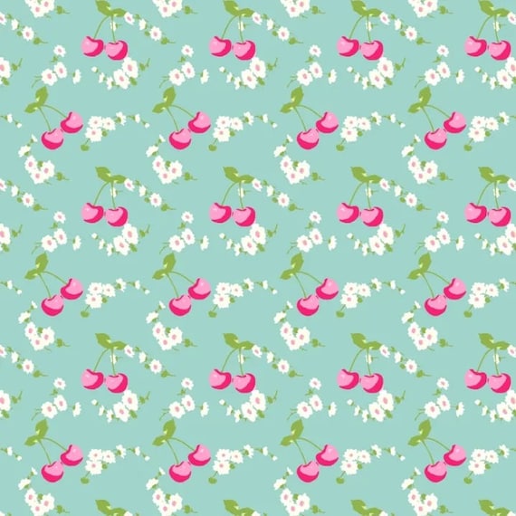 Picnic TW16 Aqua by Tanya Whelan...cottage style print, cherries